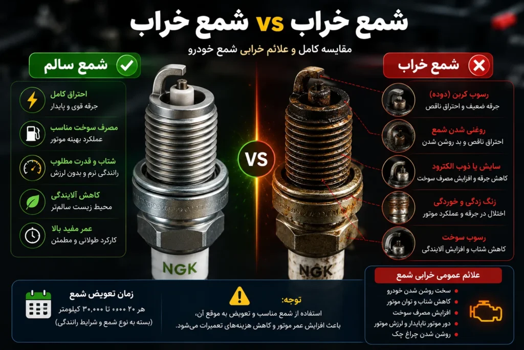 علائم خرابی شمع خودرو | ۱۰ نشانه مهم + زمان تعویض شمع 12 شمع سالم و شمع خراب در کنار هم