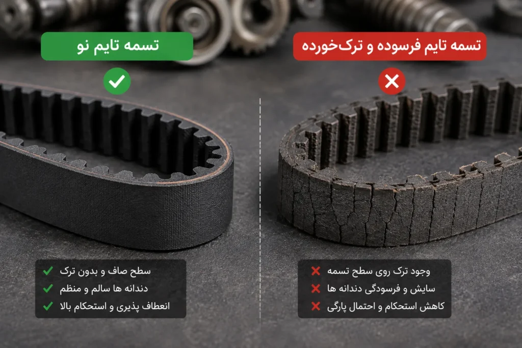 چه زمانی تسمه تایم را تعویض کنیم؟ | زمان مناسب تعویض + علائم خرابی و عواقب پارگی 3 تسمه تایم نو در کنار تسمه فرسوده و ترکخورده