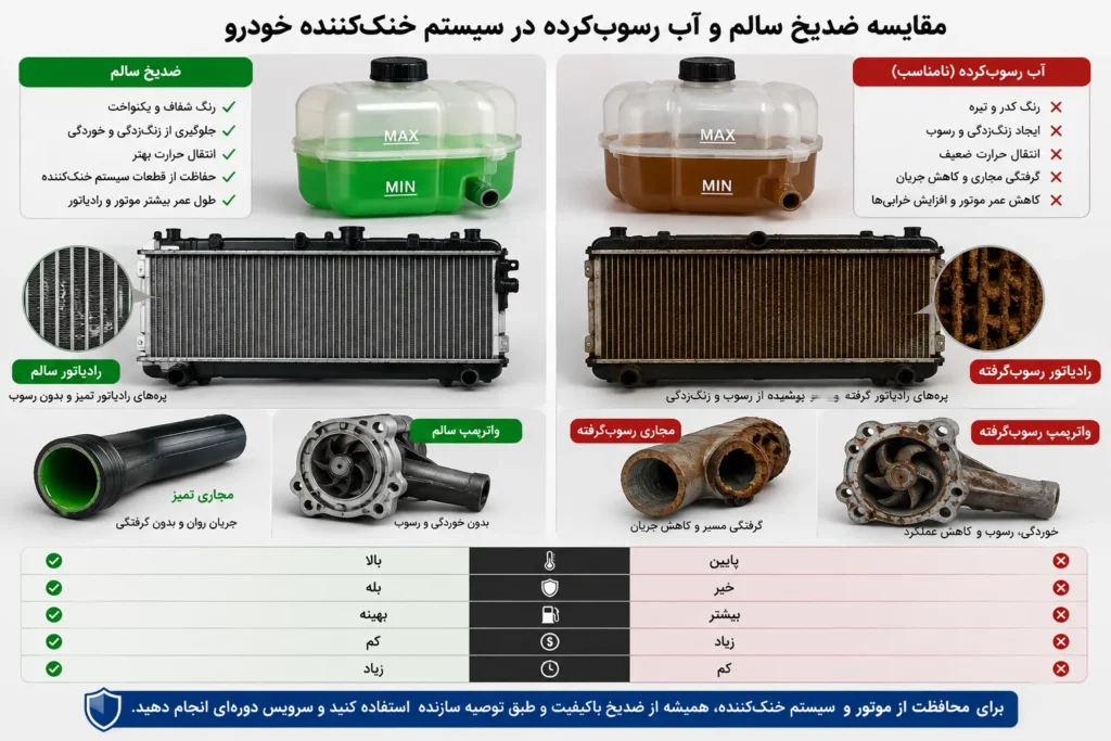 مقایسه ضدیخ سالم و آب رسوب‌کرده