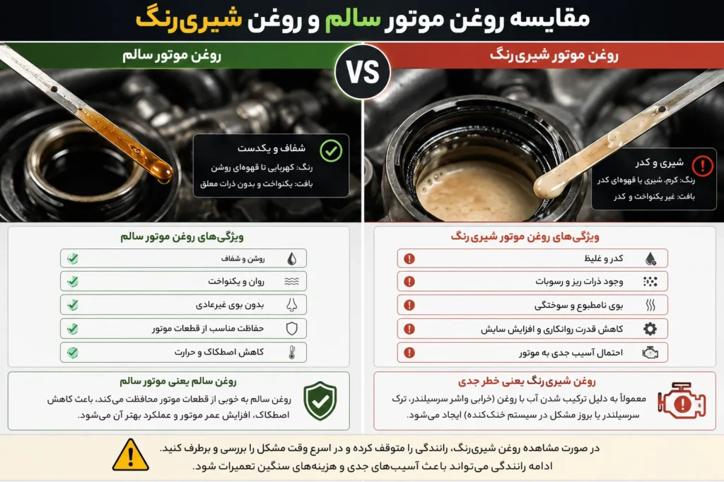 علائم خرابی واشر سرسیلندر؛ ۱۲ نشانهای که نباید نادیده بگیرید 4 مقایسه روغن موتور سالم و روغن شیریرنگ