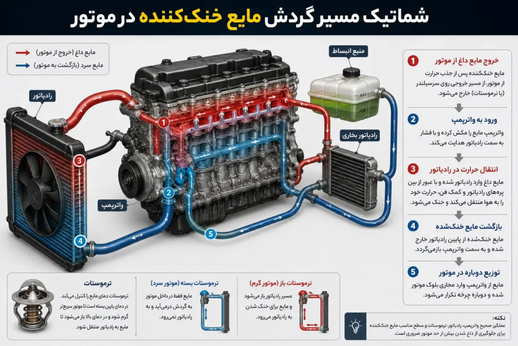 مسیر گردش مایع خنک‌کننده در موتور