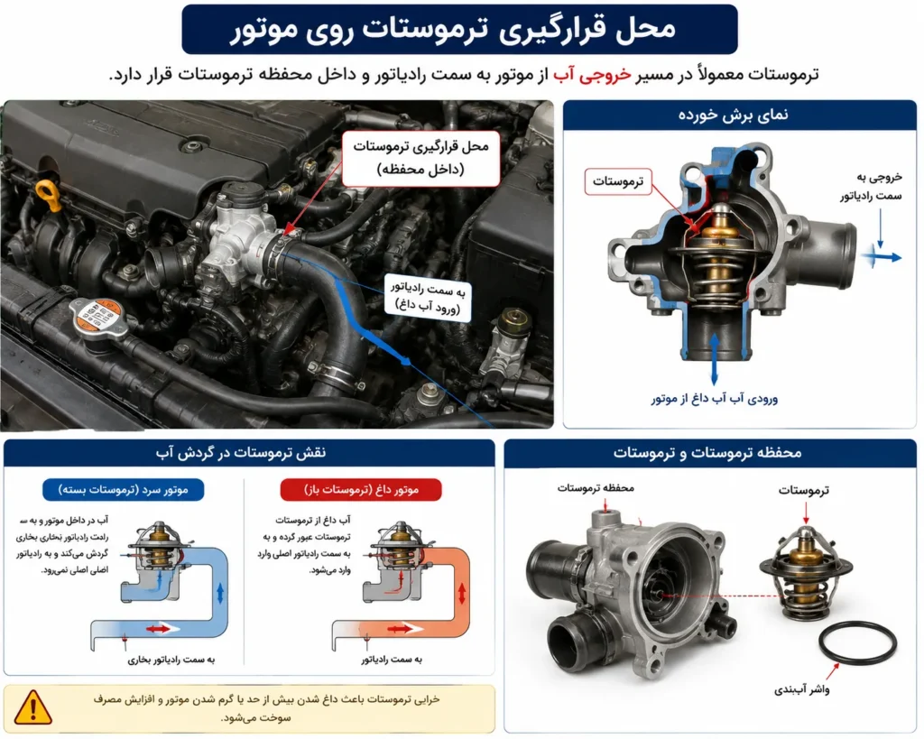 نشانههای خرابی ترموستات خودرو | ۱۰ علامت مهم + روش تست و تعویض 13 محل قرارگیری ترموستات روی موتور