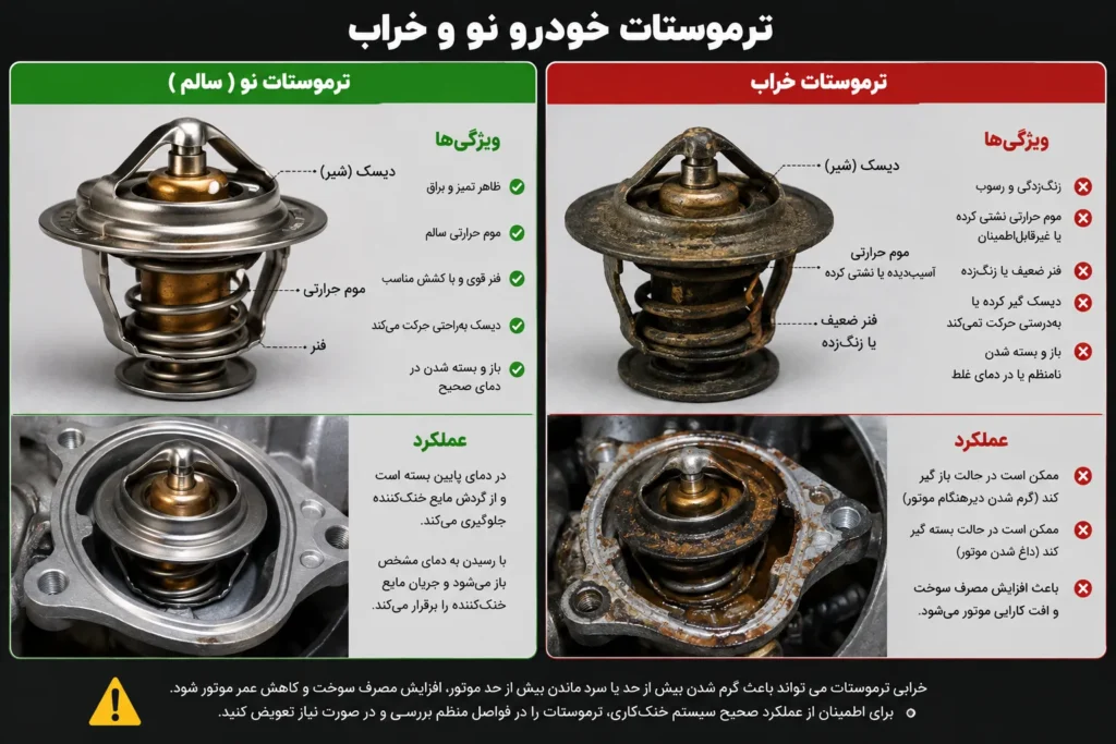 نشانههای خرابی ترموستات خودرو | ۱۰ علامت مهم + روش تست و تعویض 2 Picture of a new and broken car thermostat