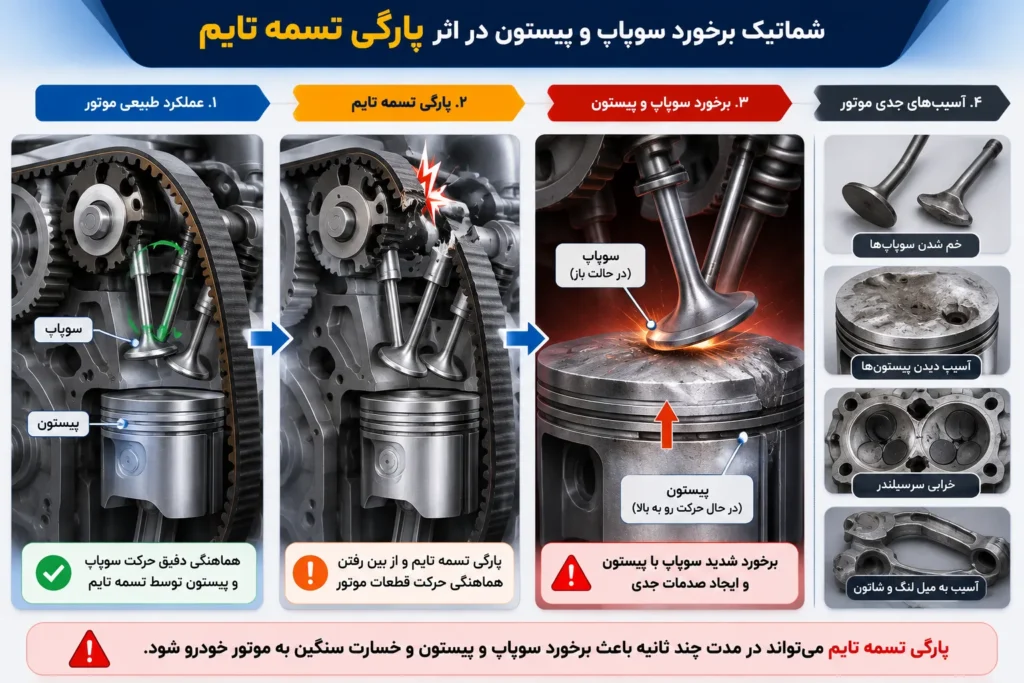 چه زمانی تسمه تایم را تعویض کنیم؟ | زمان مناسب تعویض + علائم خرابی و عواقب پارگی 4 برخورد سوپاپ و پیستون در اثر پارگی تسمه تایم